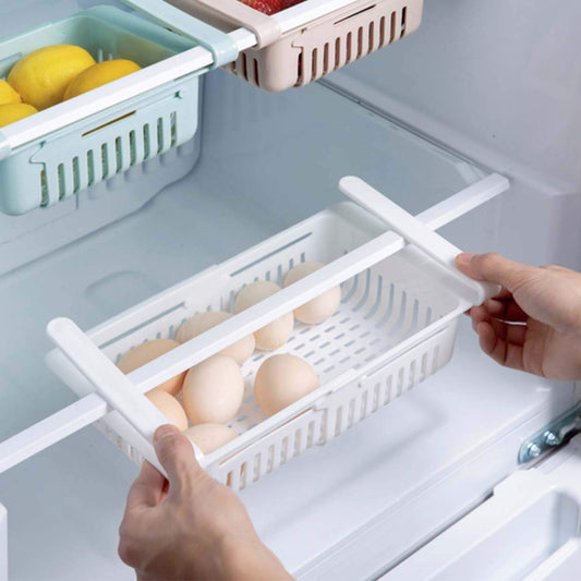 1 PC Adjustable Fridge Storage Basket Expandable Fridge Storage Rack Plastic Fridge Space Saver Food Organizer Tray Refrigerator Pull out Drawers
