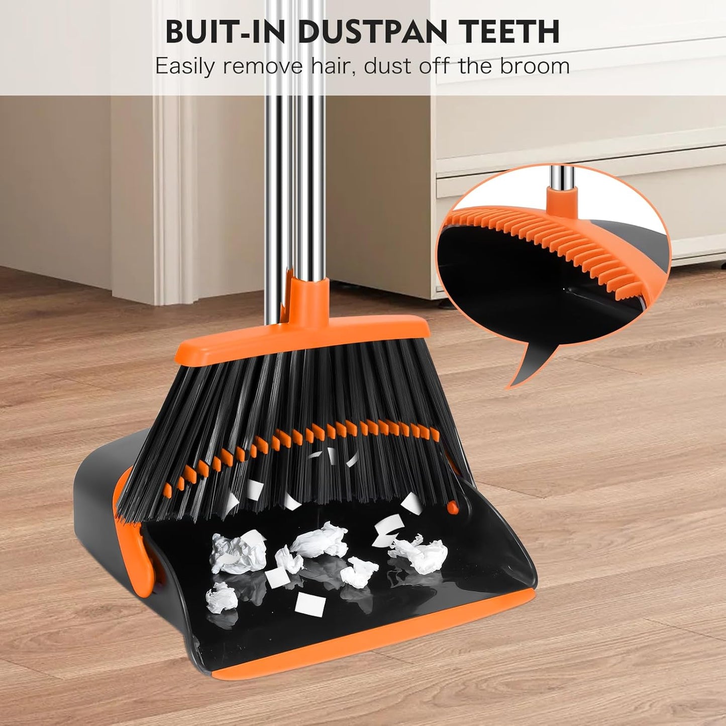 Broom and Dustpan Set Adjustable Handle Broom with Dustpan Combo Set with Dustpans Teeth to Automatically Clean Hair Suitable for Home Kitchen Office Hall Lobby