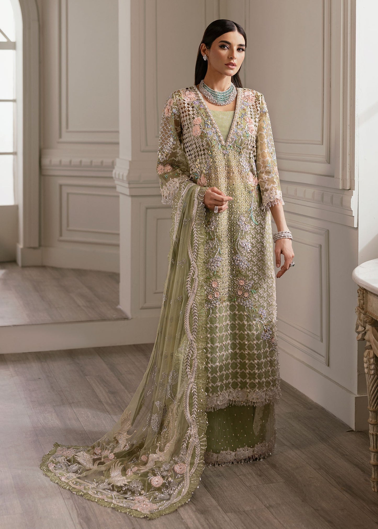 Sparkle Cascade | Pistachio Green 4-Piece Unstitched Suit | SPARKLE-CASCADE
