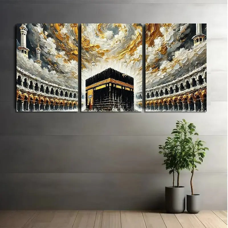 Kaaba Wall Art – 3-Piece Wooden Sticky Tile Frames with Adhesive Tape for Easy Mounting