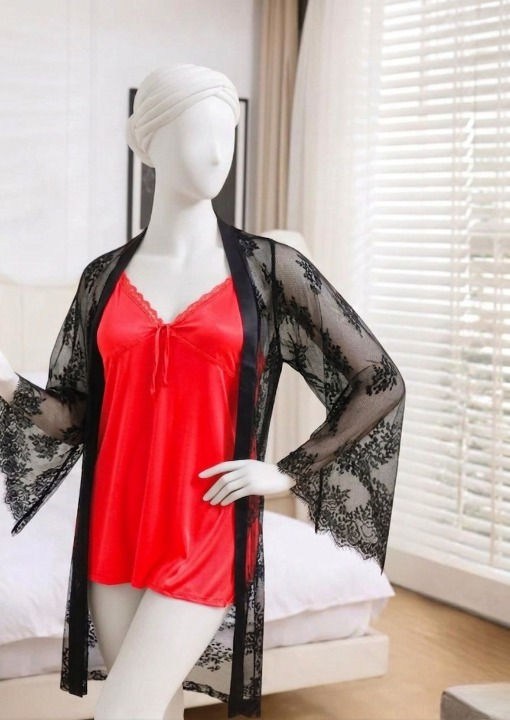 2-Piece Women's Sleepwear Set – Camisole, Shorts & Lace Gown Soft Satin Nightwear Free Size (Black)