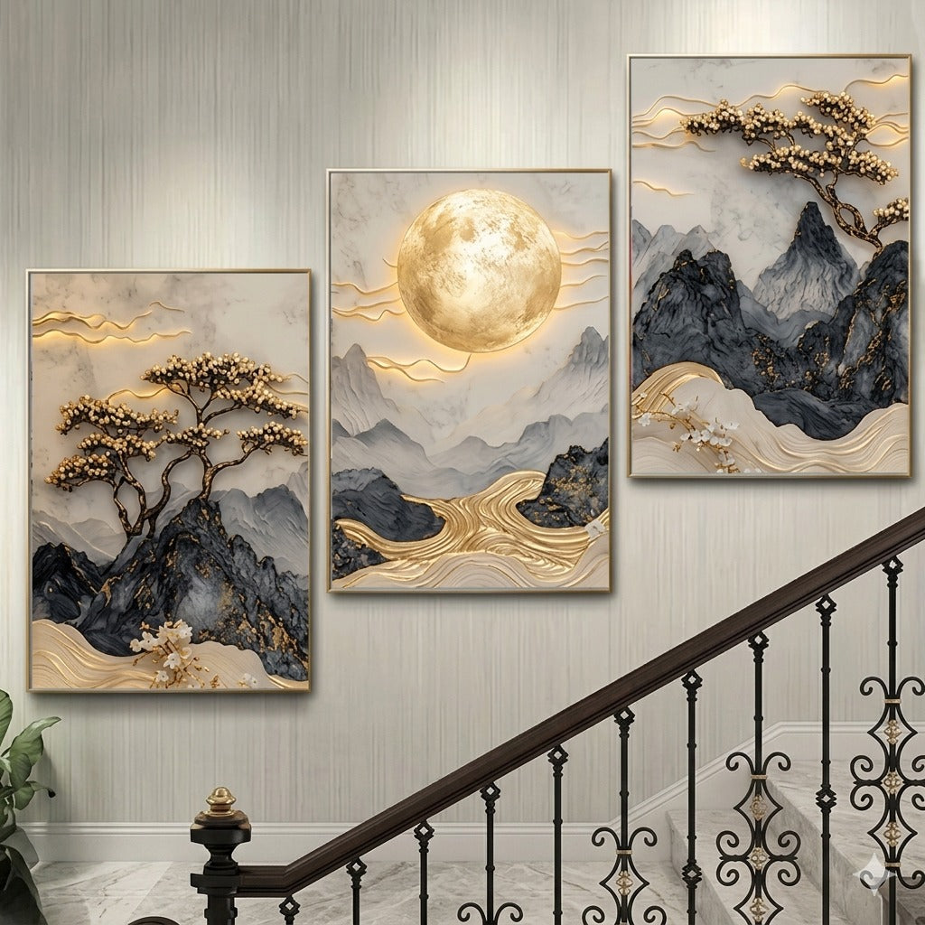 Luxury 3-Piece Landscape Wall Frame Set – Golden Moon & Blossoming Trees 8 X 11