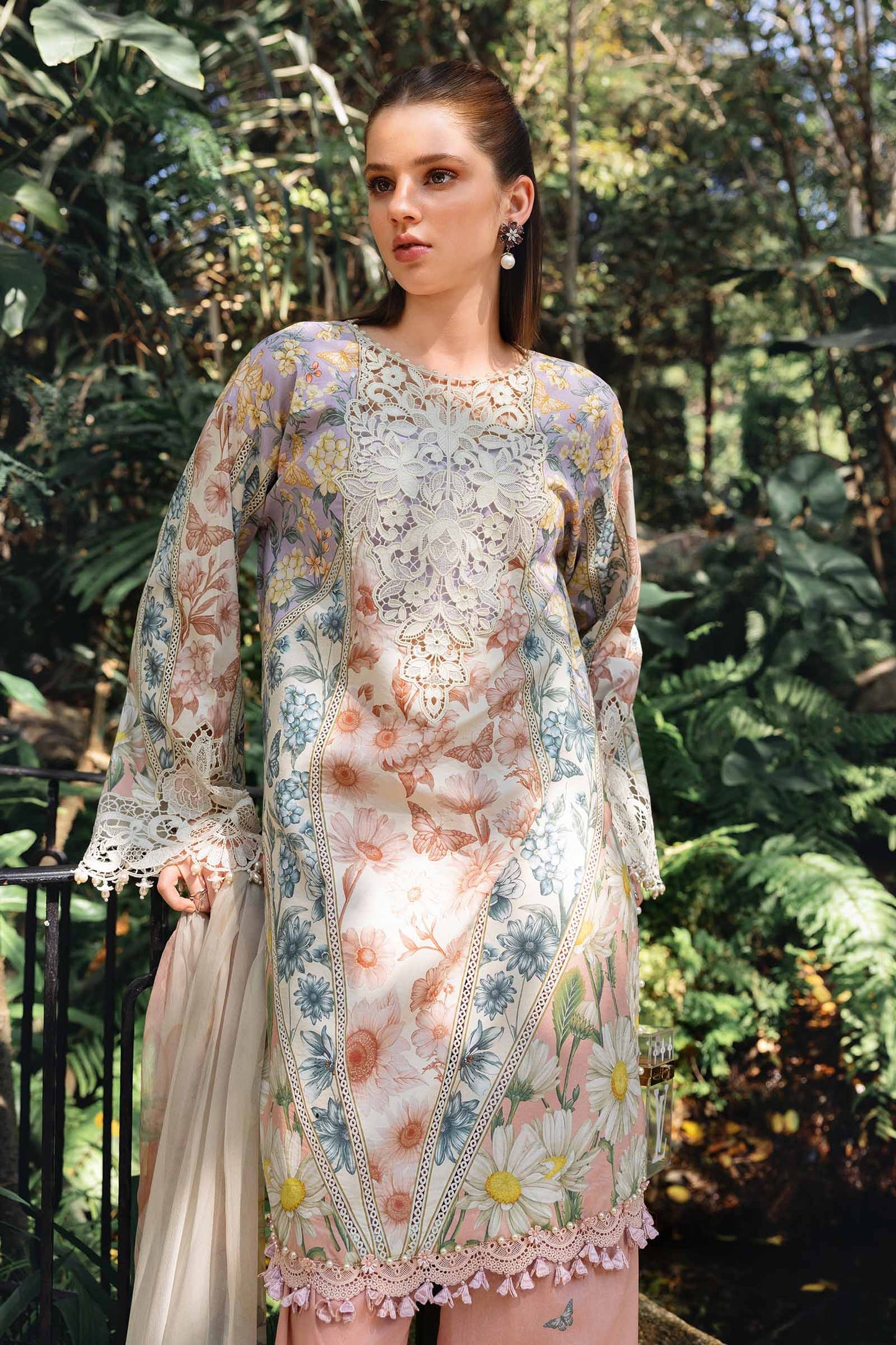 MPT-2910-B | White & Peach Printed Lawn Unstitched Suit with Embroidered Details