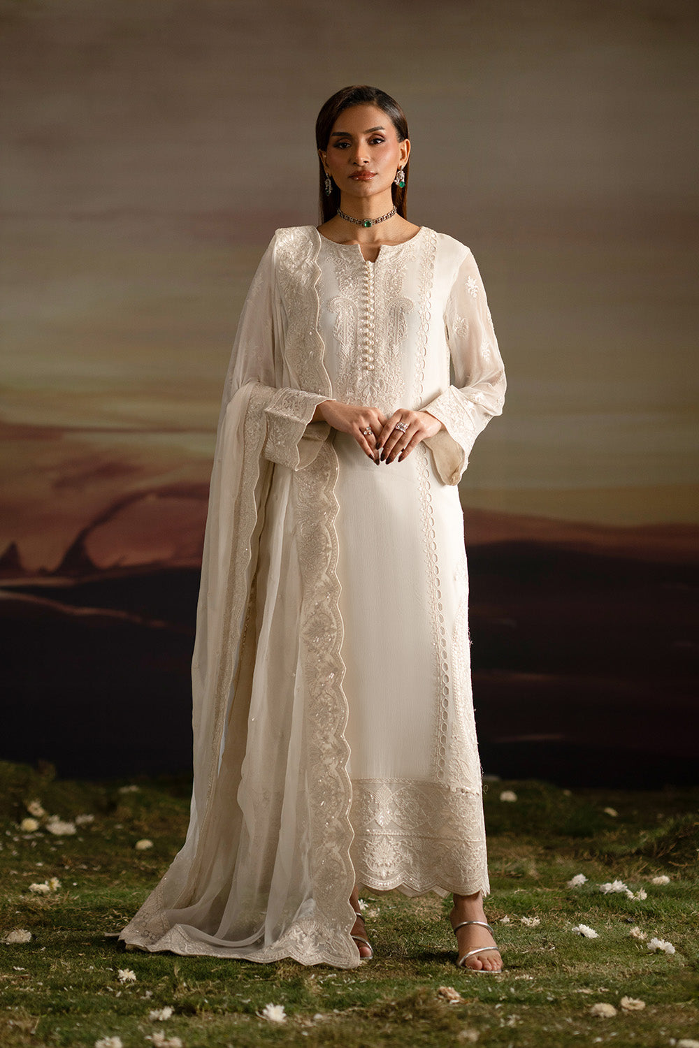 ISHVA | White Embroidered Chiffon & Organza Unstitched 3-Piece Suit | FWU5702