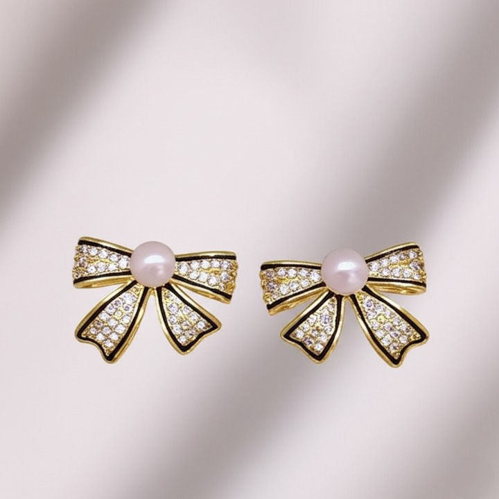PJT-995 Bow Shape Zircon Pearl Earrings for Women – Korean Style Jewelry with Sparkling Zircon & Classic Pearl Center | Available in Golden & Silver | Perfect Gift for Parties, Weddings & Everyday Fashion - Golden