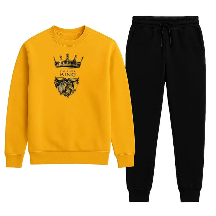 KING Printed Yellow Tracksuit Sweatshirt & Trouser | Warm & Comfortable Winter Wear | Medium