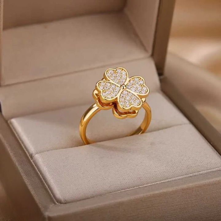 Clover Zircon Rotating Ring – Silver & Golden, Adjustable Spinner Ring for Women (PWJ-111) - Silver
