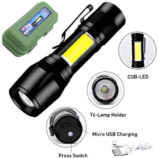 Metal COB Flashlight Torch | Mini Rechargeable LED Work Light & Waterproof Emergency Penlight
