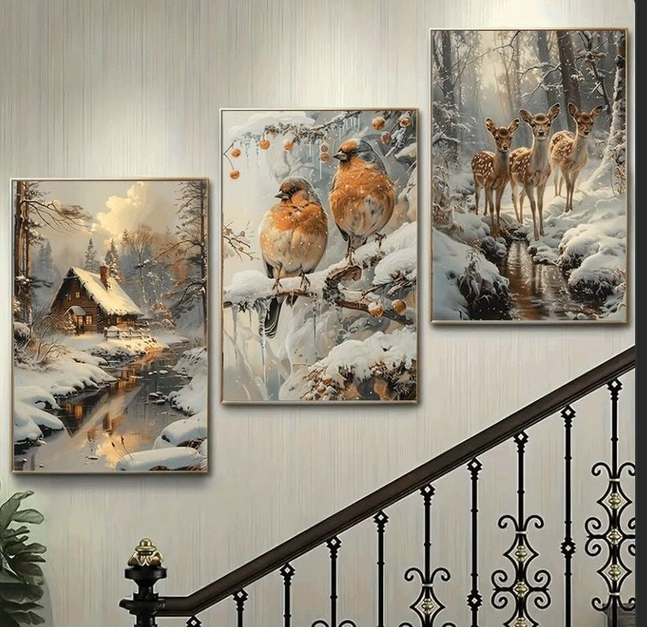 Serene 3-Piece Winter Nature Wall Frame Set – Cabin, Birds & Deer in Snow 8 X 11
