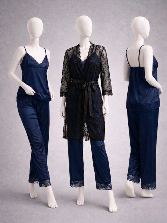 Elegant 3-Piece Women's Nightwear Set – Silk Cami, Pyjamas & Lace Robe (Free Size) Black
