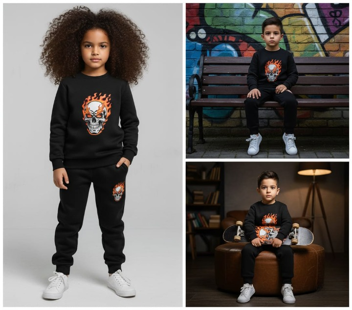 Black Printed Kids Tracksuit | Winter Fleece Sweatshirt & Trouser Set – Warm, Soft & Stylish Winter Garments for Boys & Girls Small