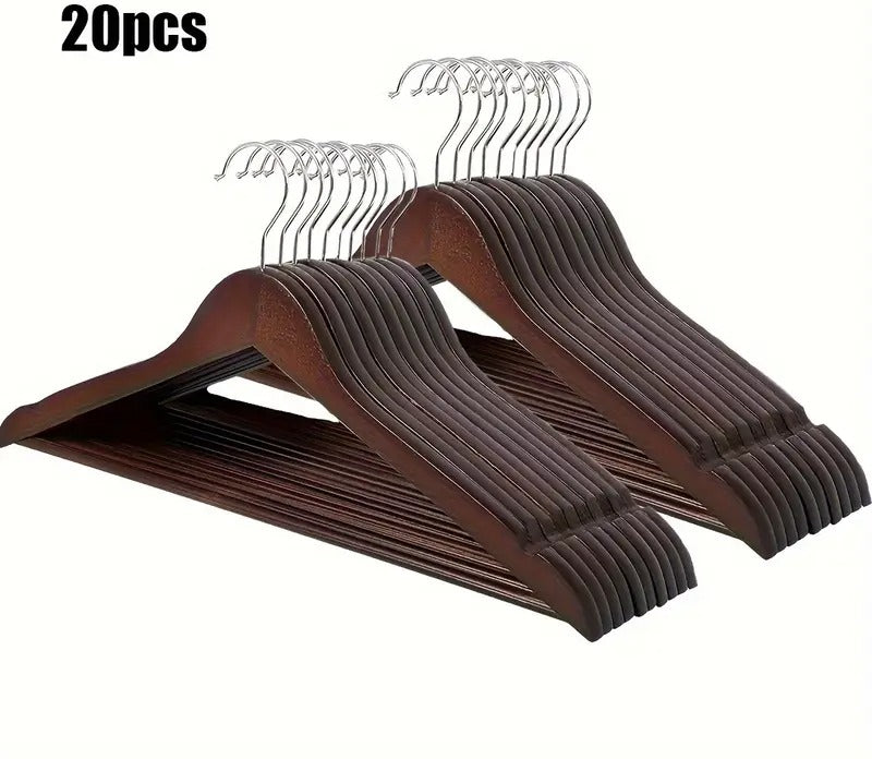 Premium Wooden Hangers – Pack of 20 Durable Slim Hangers with Pants Bar – Smooth Finish for Closet Organization (Brown & Light Wood) (With Box) - Brown