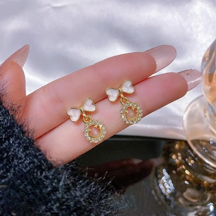 PXT-988 Smiley Face Zircon Korean Earrings – Elegant Bow & Crystal Circle Design - Available In Goden And Silver Color - Golden