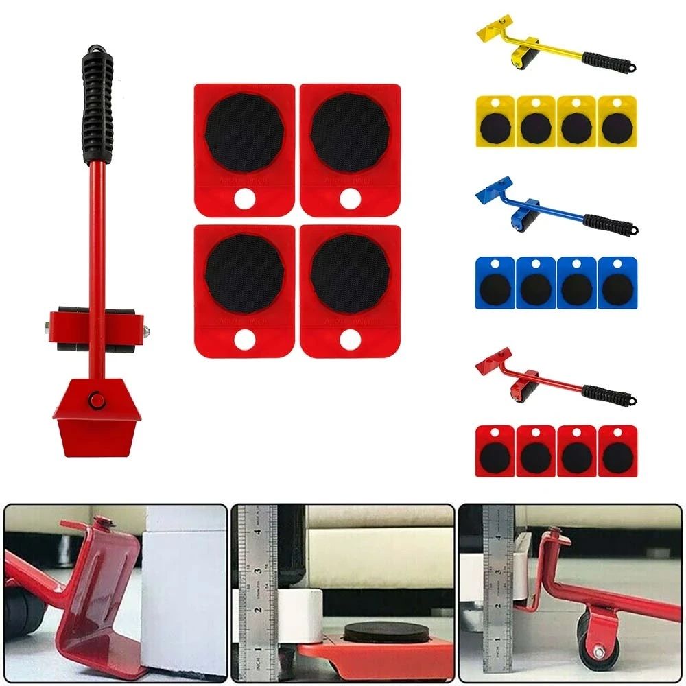 Furniture Lifter Easy To Move Slider 5 Piece Mobile Tool Set, Heavy Furniture Appliance Moving And Lifting System - Maximum Load Weight 4 Wheeled Mover Roller 1 Wheel Bar Hand Tools Set
