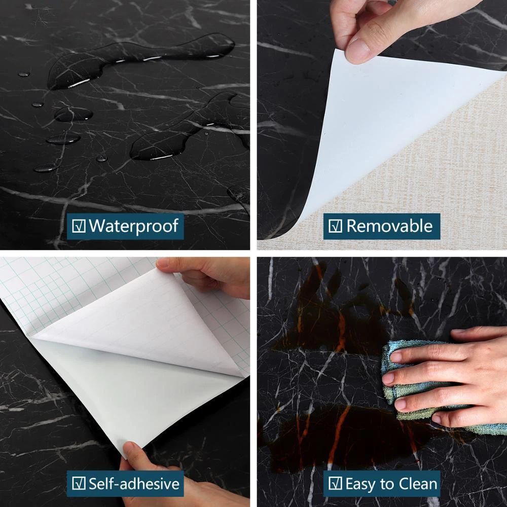 60CMx2M Self Adhesive Black Marble Sheet For Kitchen-Anti Oil And Heat Resistant Wallpaper