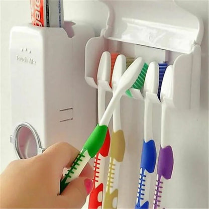 Toothpaste Dispenser With 5 Brush Holder Wall Mounted Automatic Hands Free Toothpaste Dispenser