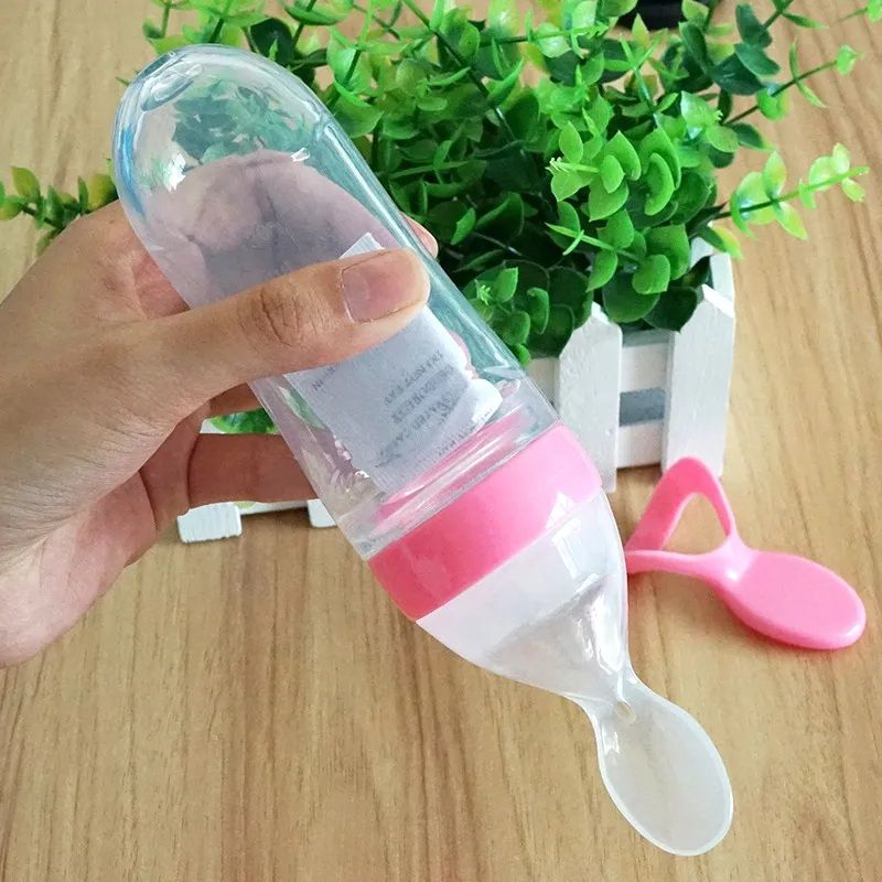 Infant Baby Silica Gel Bottle With A Spoon Newborn Baby Food Supplement Rice Cereal Bottles Milk Feeder