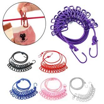 Elastic Clothesline Rop 185cm Portable Clothesline With 12 Clip (Random color)