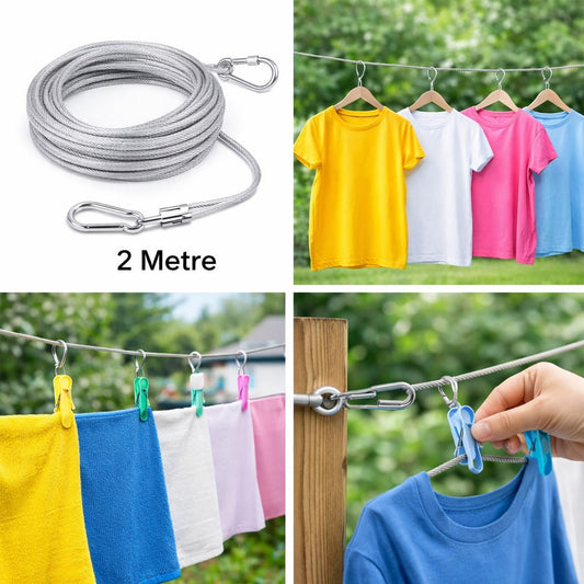 Strong stainless steel clothesline rope (2 metre) with hooks, perfect for hanging clothes indoors or outdoors