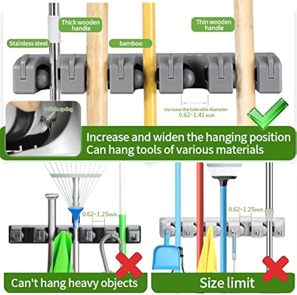 5 in 1 Broom and Mop Holder Wall Mounted Mop Rack Cleaning Tool Hook Wall Hook