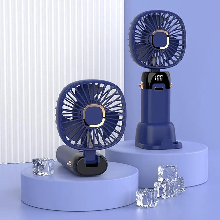 Foldable USB Neck Hanging Fan 5 Speed USB Fan Led Display Screen Rechargeable With Phone Stand