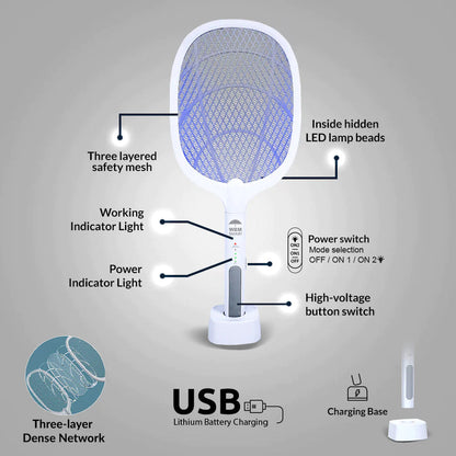 2 in 1 Rechargeable Electronic Mosquito Bat Racket Insect Killer Lamp