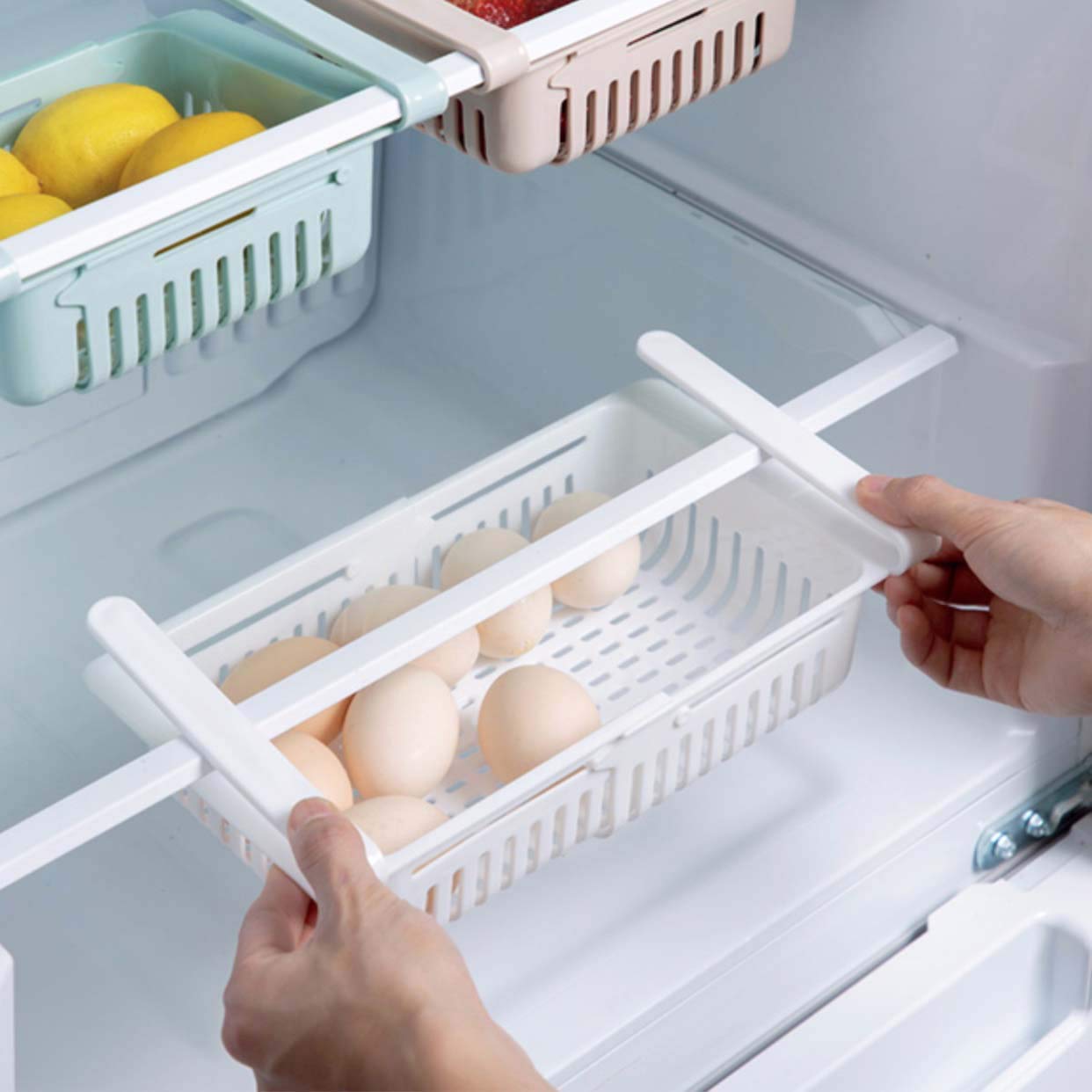 1 PC Adjustable Fridge Storage Basket Expandable Fridge Storage Rack Plastic Fridge Space Saver Food Organizer Tray Refrigerator Pull out Drawers