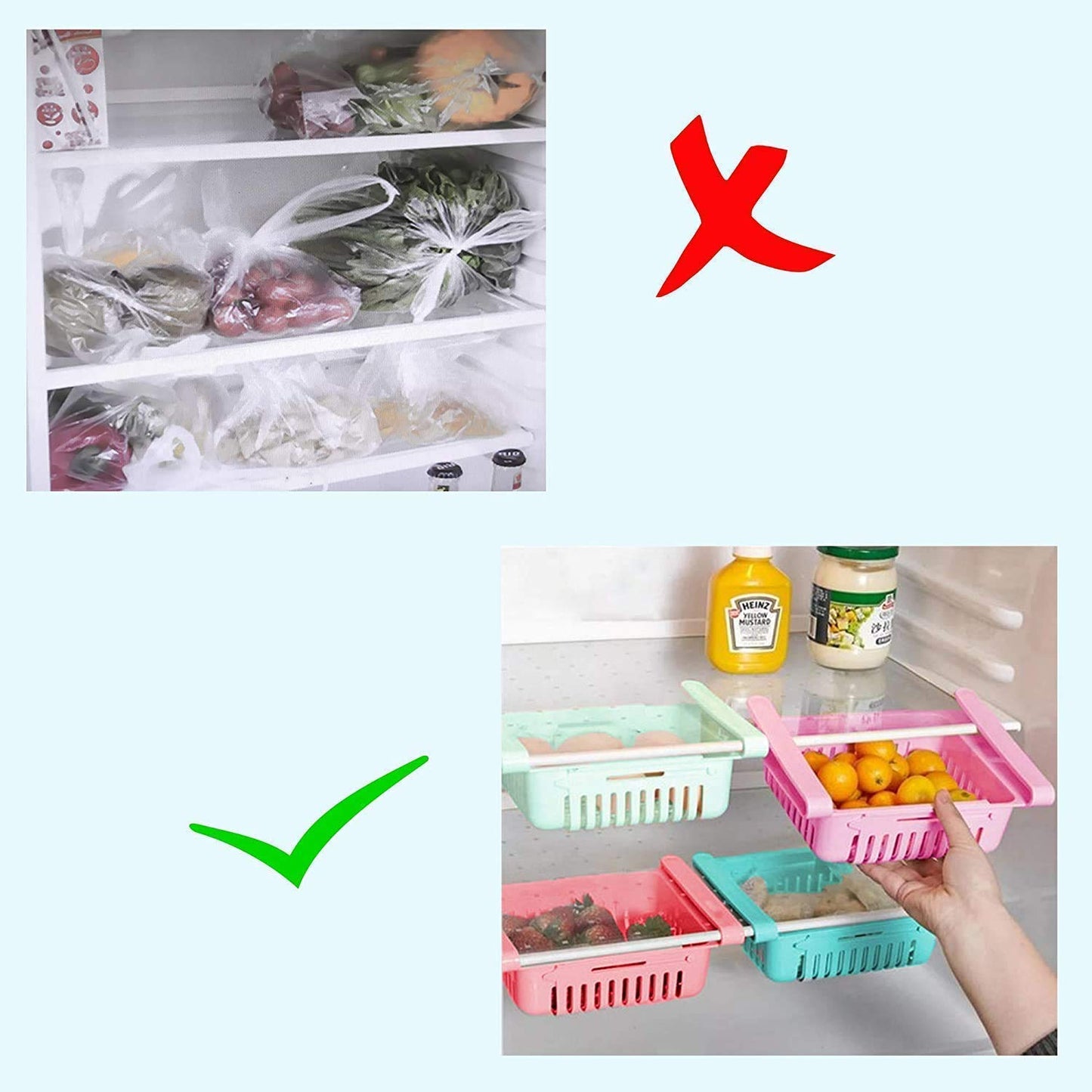 1 PC Adjustable Fridge Storage Basket Expandable Fridge Storage Rack Plastic Fridge Space Saver Food Organizer Tray Refrigerator Pull out Drawers