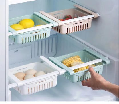 1 PC Adjustable Fridge Storage Basket Expandable Fridge Storage Rack Plastic Fridge Space Saver Food Organizer Tray Refrigerator Pull out Drawers