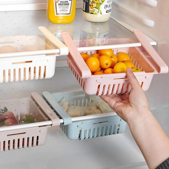 1 PC Adjustable Fridge Storage Basket Expandable Fridge Storage Rack Plastic Fridge Space Saver Food Organizer Tray Refrigerator Pull out Drawers