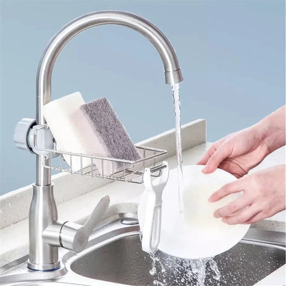 Kitchen Stainless Steel Sink Drain Rack Sponge Holder Stainless Steel Faucet Storage Rack Adhesive Sink Caddy Organizer for Brush Towel Shower Soap Dish for Bathroom Kitchen Hanging Storage Accessories