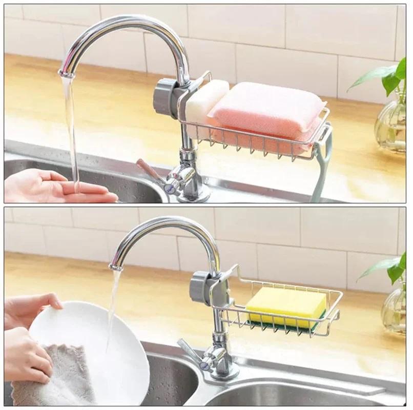 Kitchen Stainless Steel Sink Drain Rack Sponge Holder Stainless Steel Faucet Storage Rack Adhesive Sink Caddy Organizer for Brush Towel Shower Soap Dish for Bathroom Kitchen Hanging Storage Accessories