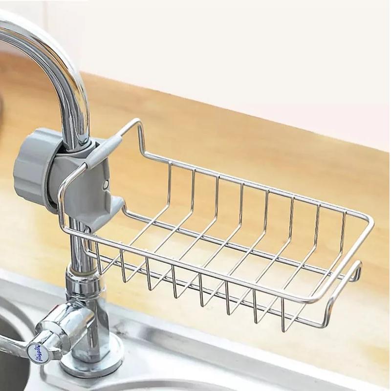 Kitchen Stainless Steel Sink Drain Rack Sponge Holder Stainless Steel Faucet Storage Rack Adhesive Sink Caddy Organizer for Brush Towel Shower Soap Dish for Bathroom Kitchen Hanging Storage Accessories