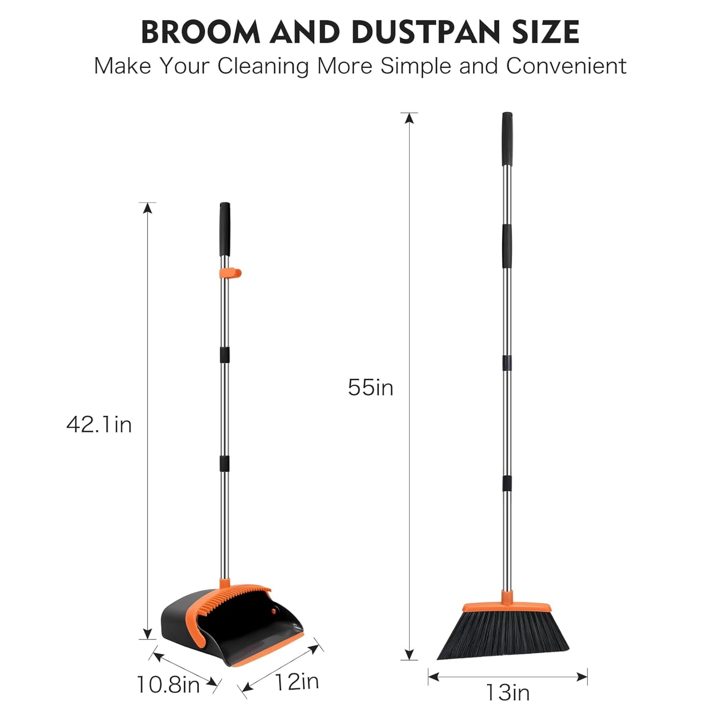 Broom and Dustpan Set Adjustable Handle Broom with Dustpan Combo Set with Dustpans Teeth to Automatically Clean Hair Suitable for Home Kitchen Office Hall Lobby
