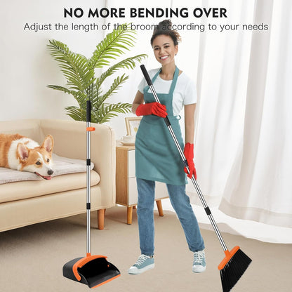 Broom and Dustpan Set Adjustable Handle Broom with Dustpan Combo Set with Dustpans Teeth to Automatically Clean Hair Suitable for Home Kitchen Office Hall Lobby
