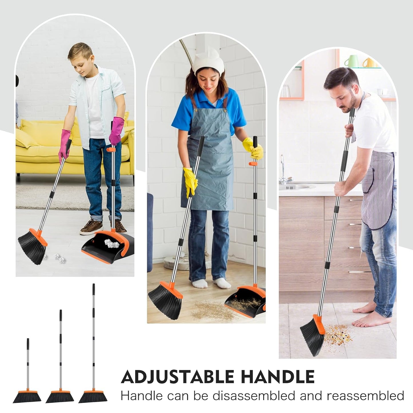 Broom and Dustpan Set Adjustable Handle Broom with Dustpan Combo Set with Dustpans Teeth to Automatically Clean Hair Suitable for Home Kitchen Office Hall Lobby