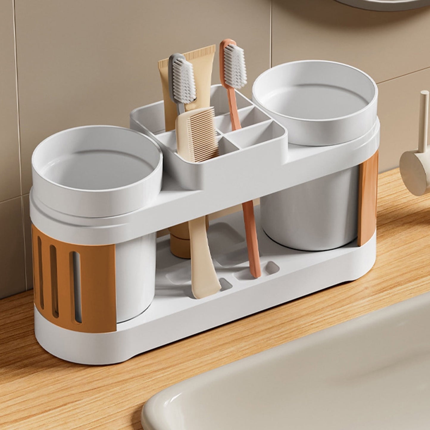 Toothbrush Holders for Bathrooms Toothbrush Holder with 2 Cups Set Tooth Brush Toothpaste Caddy Storage Small Bathroom Countertop Organizer Stand