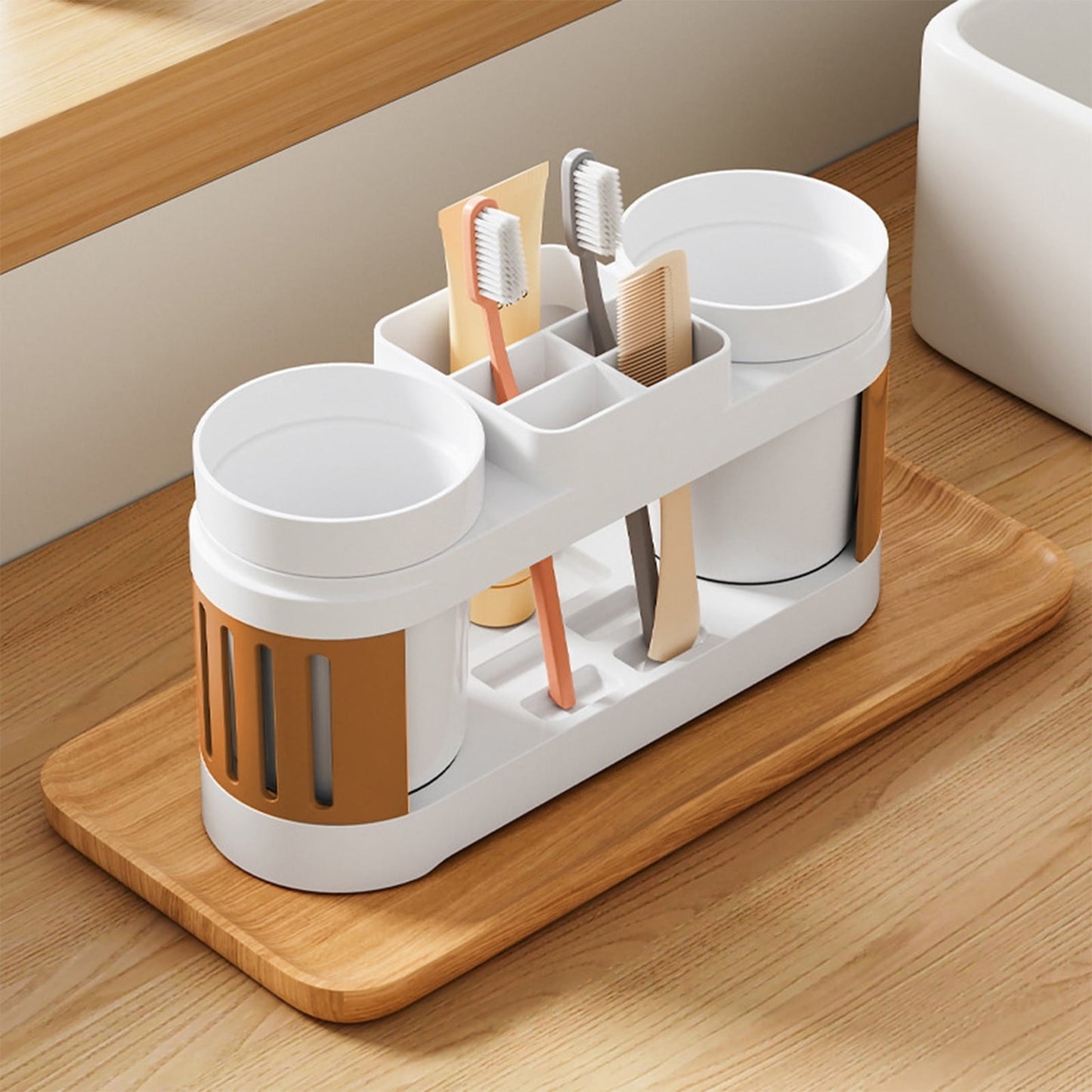 Toothbrush Holders for Bathrooms Toothbrush Holder with 2 Cups Set Tooth Brush Toothpaste Caddy Storage Small Bathroom Countertop Organizer Stand