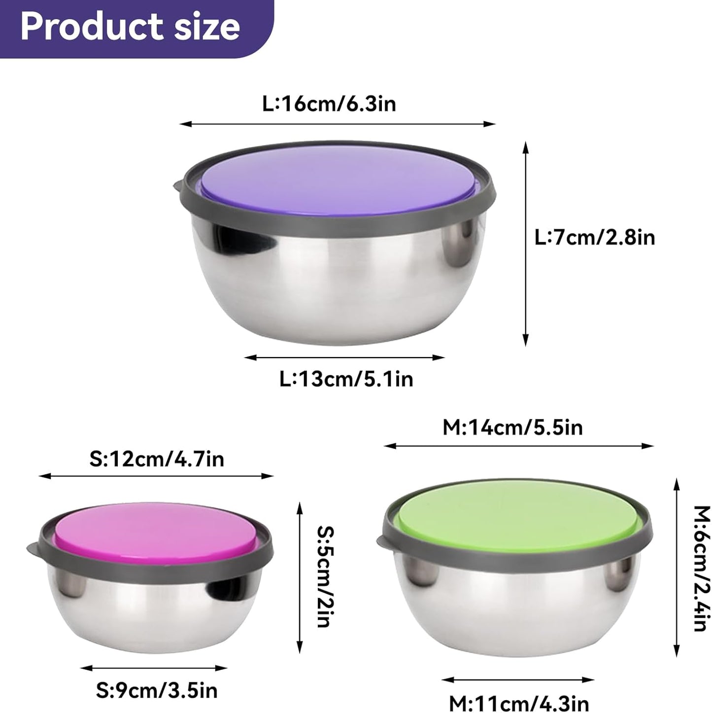 Stainless Steel Colourful 3pcs Bowl Set