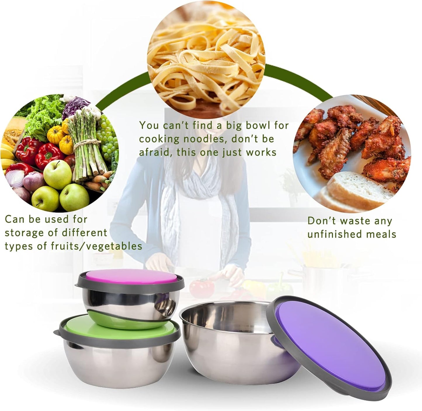 Stainless Steel Colourful 3pcs Bowl Set
