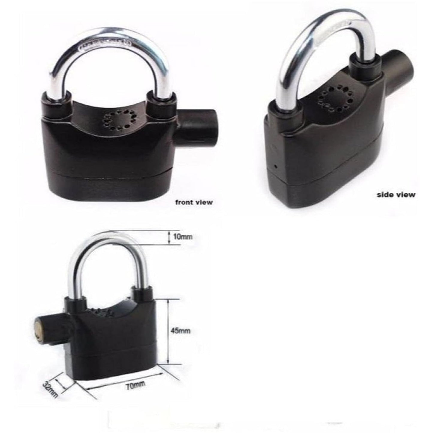 Universal Security Alarm Lock System Waterproof Black Anti Theft Siren 110Dba Alarm Anti Padlock Thickened Shackle Padlock with 3 Keys 1Pcs Polished Finish