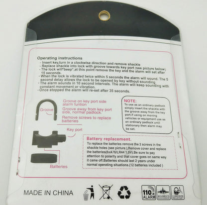 Universal Security Alarm Lock System Waterproof Black Anti Theft Siren 110Dba Alarm Anti Padlock Thickened Shackle Padlock with 3 Keys 1Pcs Polished Finish