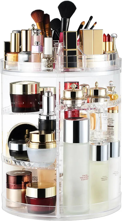 360 Rotating Makeup Organizer Adjustable Carousel Large Capacity Revolving Perfume Organizer Skincare Organizers Cosmetic Storage Spinning Holder for Vanity, Clear