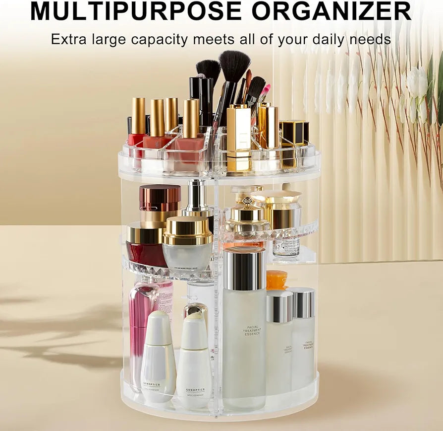 360 Rotating Makeup Organizer Adjustable Carousel Large Capacity Revolving Perfume Organizer Skincare Organizers Cosmetic Storage Spinning Holder for Vanity, Clear