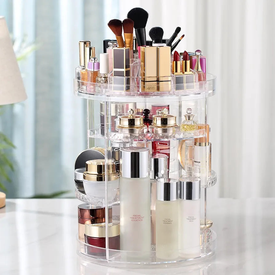 360 Rotating Makeup Organizer Adjustable Carousel Large Capacity Revolving Perfume Organizer Skincare Organizers Cosmetic Storage Spinning Holder for Vanity, Clear