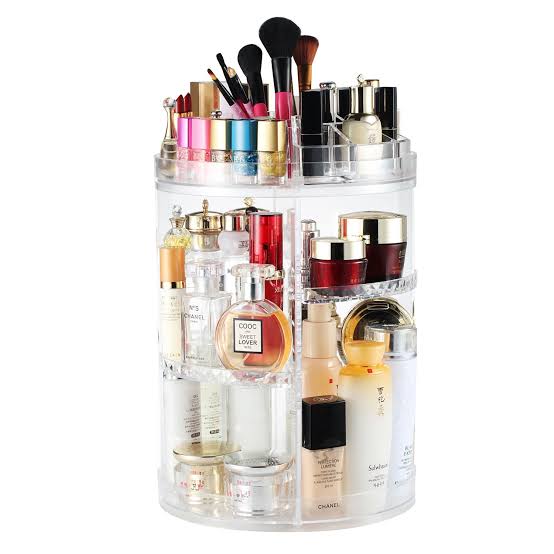 360 Rotating Makeup Organizer Adjustable Carousel Large Capacity Revolving Perfume Organizer Skincare Organizers Cosmetic Storage Spinning Holder for Vanity, Clear