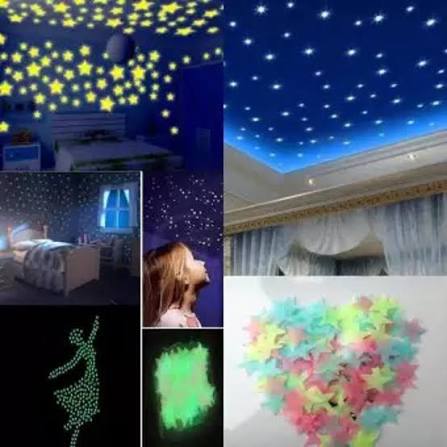 Pack of 100 - 3D Stars Glow In The Dark Wall Stickers Luminous Fluorescent Wall Stickers For Kids Baby Room Bedroom Ceiling Home Decor