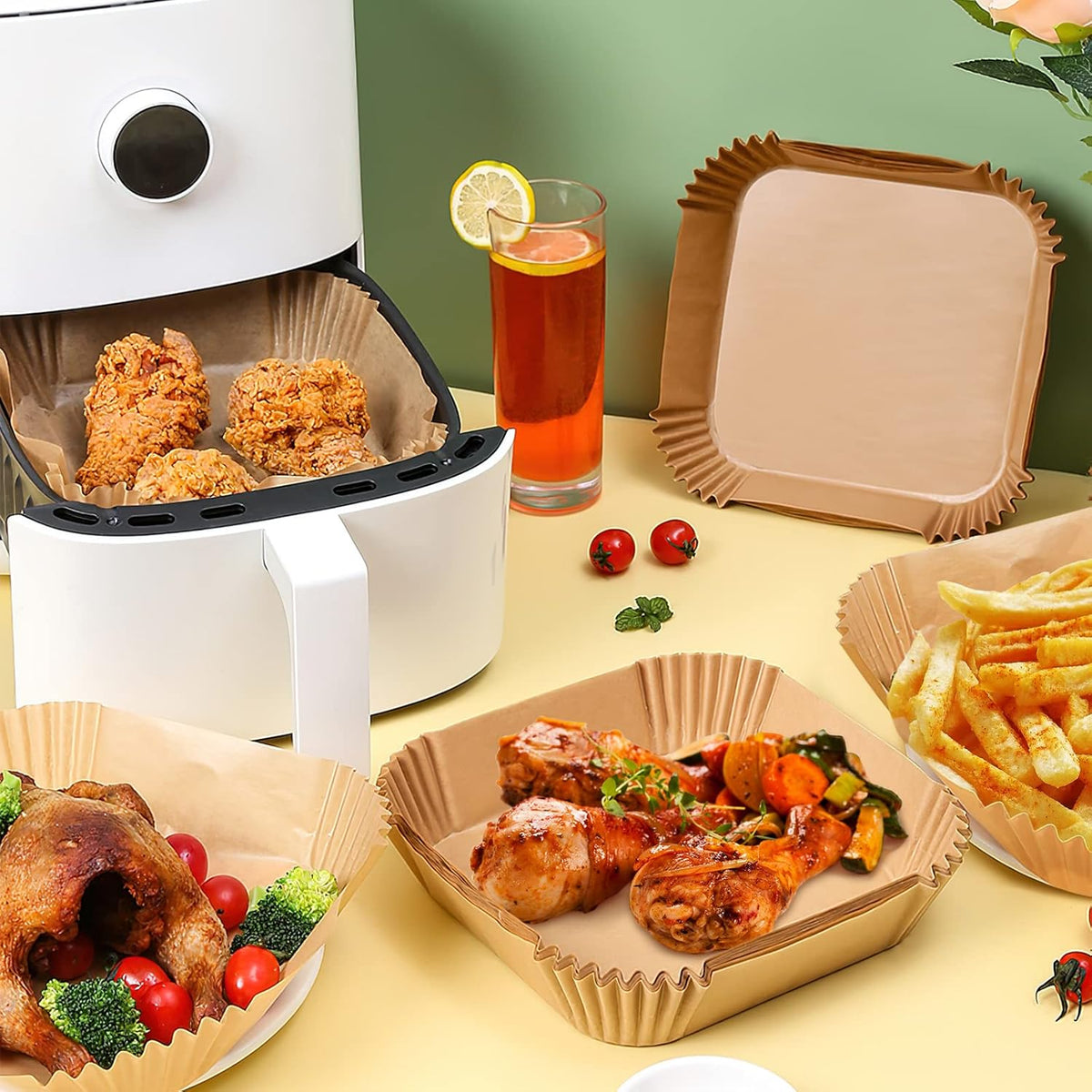 New Air Fryer Paper Liners Disposable 50Pcs Parchment Paper Square Water proof Oil proof Non stick