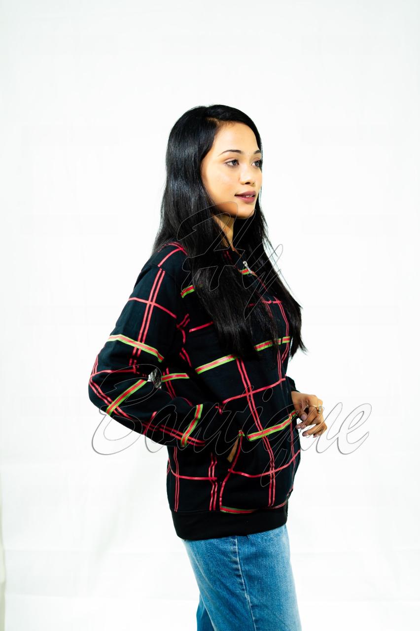 Winter Collection Women’s Red & Green Lining Print Jacket | Stylish & Warm Outerwear | Trendy Winter Fashion for Ladies medium