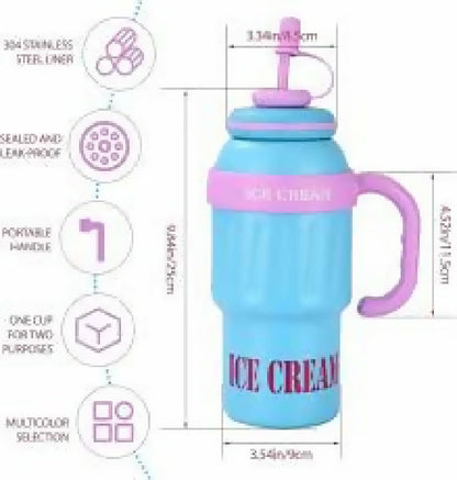 Stainless Steel Cute Ice Cream Tumbler Water Bottle With Straw And Handle 1000ml